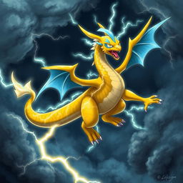 An imaginative and striking illustration of a fictional Electric/Dragon type Pokémon