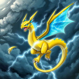An imaginative and striking illustration of a fictional Electric/Dragon type Pokémon