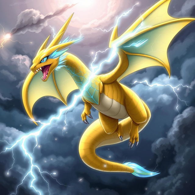 An imaginative and striking illustration of a fictional Electric/Dragon type Pokémon