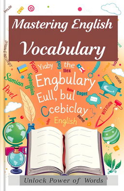 A beautifully illustrated book cover for an English vocabulary book, featuring a vibrant and colorful design with an open book in the center