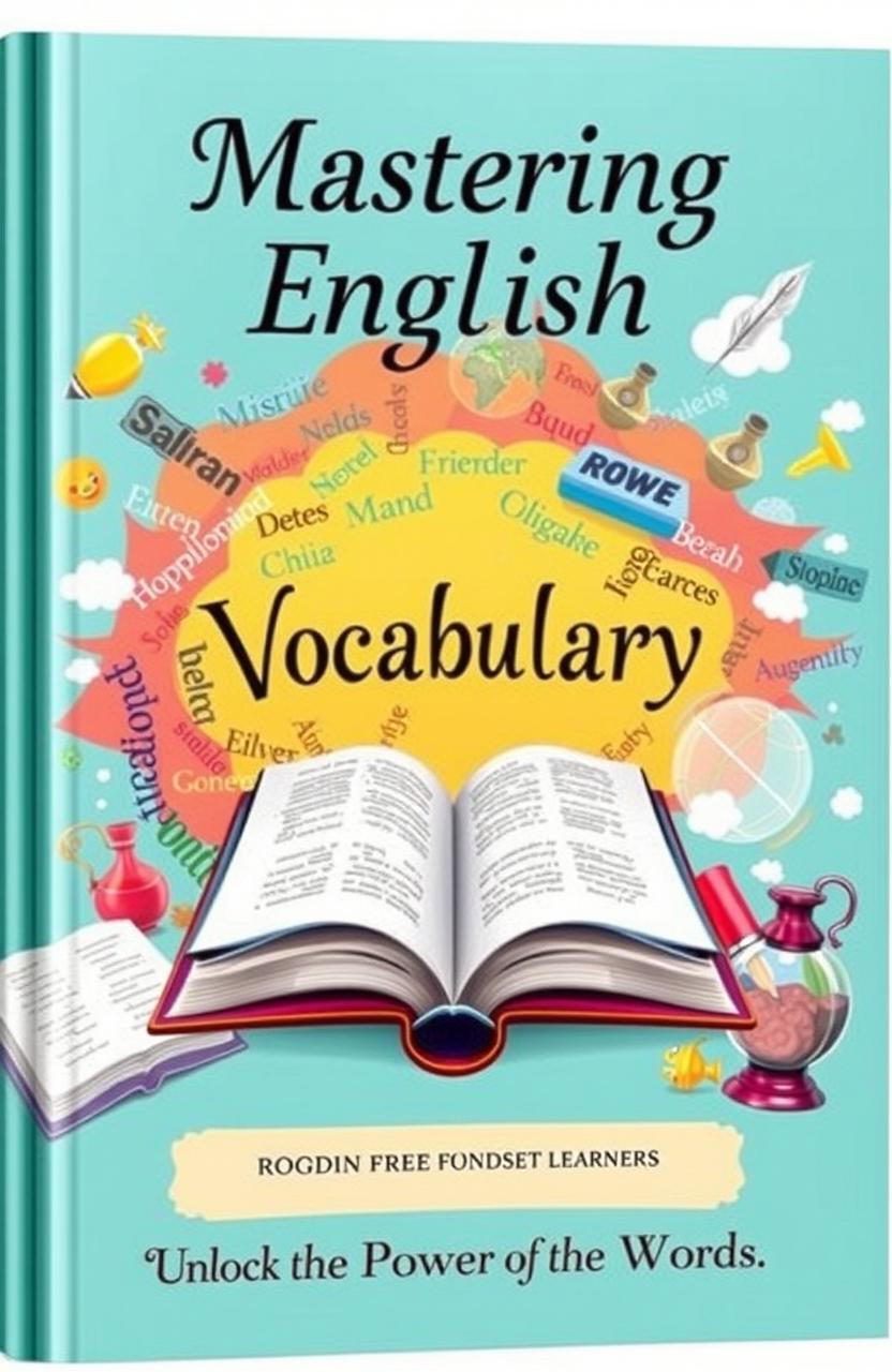 A beautifully illustrated book cover for an English vocabulary book, featuring a vibrant and colorful design with an open book in the center
