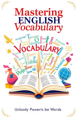 A beautifully illustrated book cover for an English vocabulary book, featuring a vibrant and colorful design with an open book in the center
