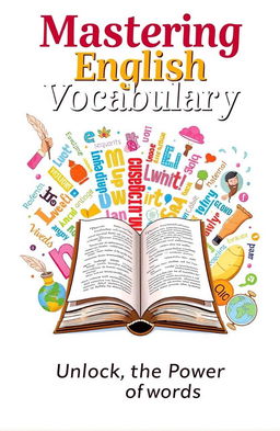 A beautifully illustrated book cover for an English vocabulary book, featuring a vibrant and colorful design with an open book in the center
