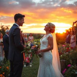 A beautiful summer wedding taking place outdoors at sunset, featuring a lush garden filled with vibrant flowers and greenery