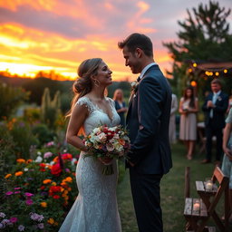 A beautiful summer wedding taking place outdoors at sunset, featuring a lush garden filled with vibrant flowers and greenery