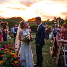 A beautiful summer wedding taking place outdoors at sunset, featuring a lush garden filled with vibrant flowers and greenery
