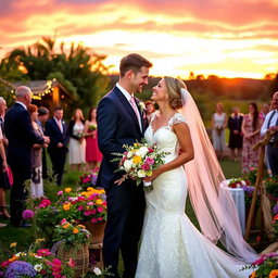 A beautiful summer wedding taking place outdoors at sunset, featuring a lush garden filled with vibrant flowers and greenery