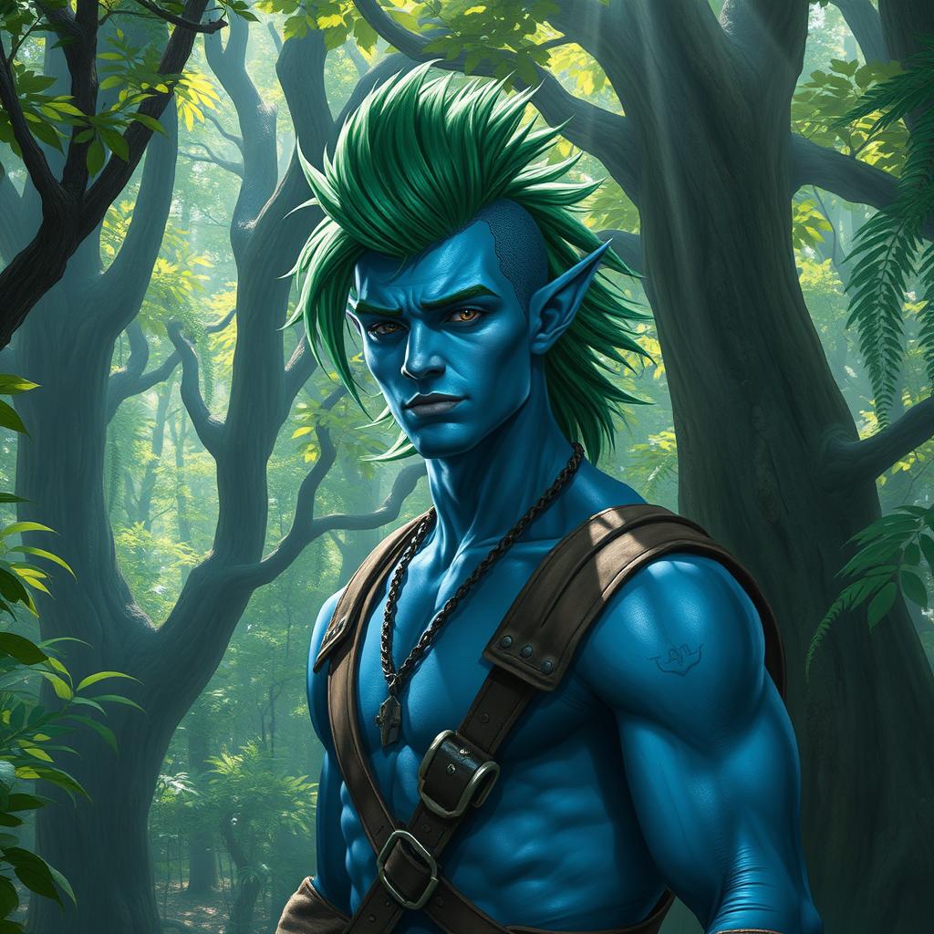 A rugged male elf with striking blue skin and a vibrant green mullet hairstyle
