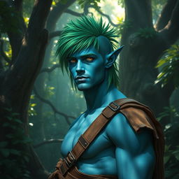 A rugged male elf with striking blue skin and a vibrant green mullet hairstyle