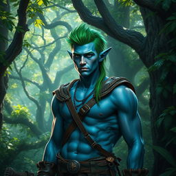 A rugged male elf with striking blue skin and a vibrant green mullet hairstyle