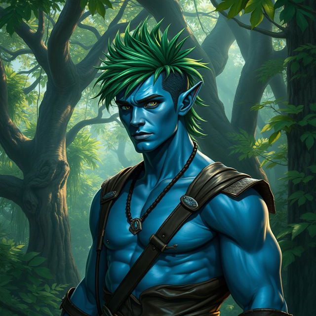 A rugged male elf with striking blue skin and a vibrant green mullet hairstyle