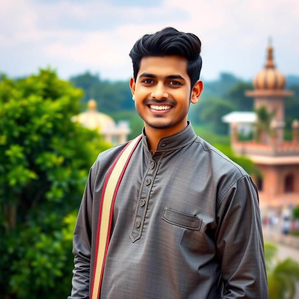 A portrait of a confident Bangladeshi man, dressed in traditional attire, standing against a vibrant background showcasing the beauty of Bangladesh