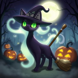 An enchanting illustration of a fictional Witch Cat Pokémon, a Ghost type