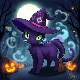 An enchanting illustration of a fictional Witch Cat Pokémon, a Ghost type