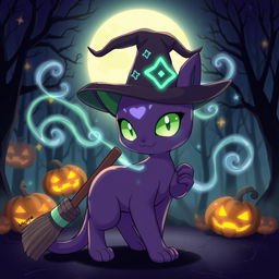 An enchanting illustration of a fictional Witch Cat Pokémon, a Ghost type