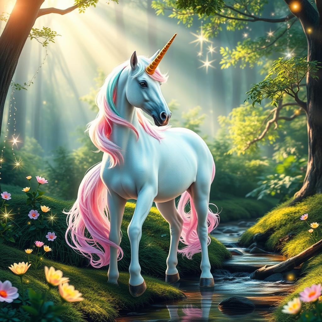 A majestic unicorn standing gracefully in a lush, enchanted forest