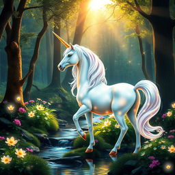 A majestic unicorn standing gracefully in a lush, enchanted forest
