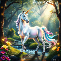 A majestic unicorn standing gracefully in a lush, enchanted forest