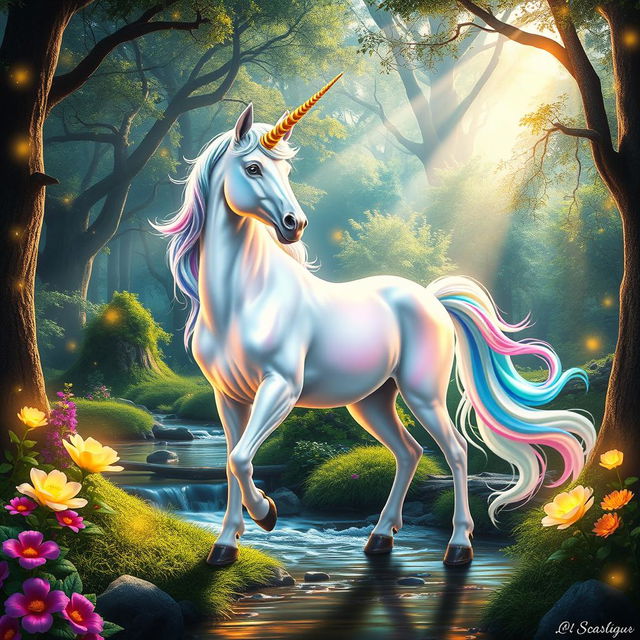 A majestic unicorn standing gracefully in a lush, enchanted forest