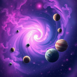 A breathtaking cosmic scene featuring a vibrant blend of purple, pink, and blue hues swirling together to create a mystical space aura
