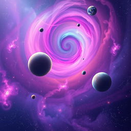 A breathtaking cosmic scene featuring a vibrant blend of purple, pink, and blue hues swirling together to create a mystical space aura