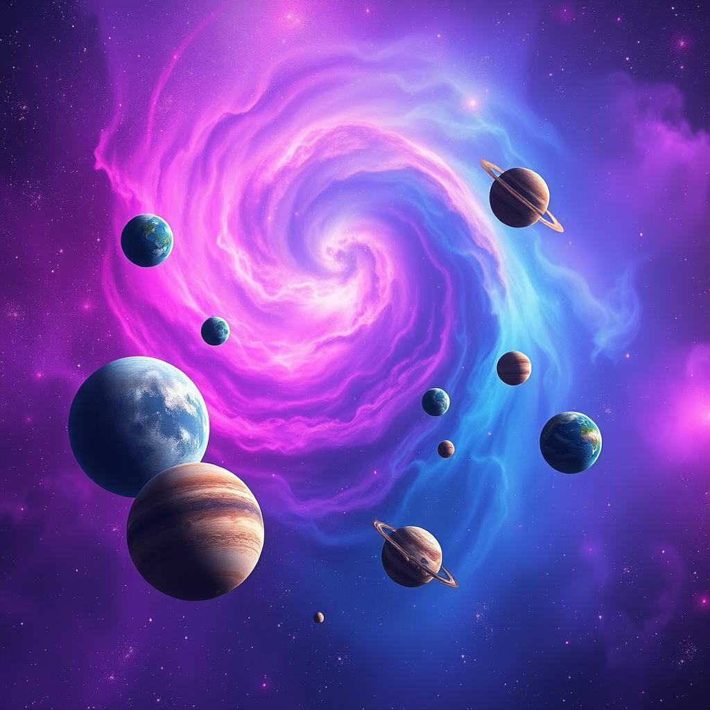 A breathtaking cosmic scene featuring a vibrant blend of purple, pink, and blue hues swirling together to create a mystical space aura