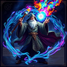 A powerful wizard casting a brilliant spell, surrounded by arcane symbols and magical energy