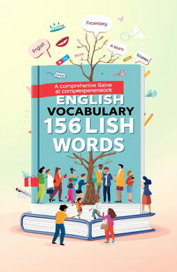 An illustration representing the concept of a comprehensive English vocabulary book containing 15,000 words, depicted as a large, colorful and inviting book cover
