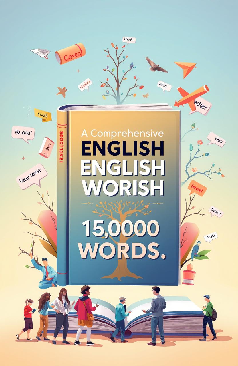 An illustration representing the concept of a comprehensive English vocabulary book containing 15,000 words, depicted as a large, colorful and inviting book cover
