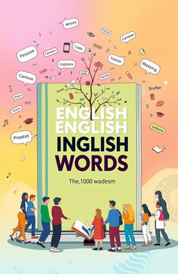 An illustration representing the concept of a comprehensive English vocabulary book containing 15,000 words, depicted as a large, colorful and inviting book cover