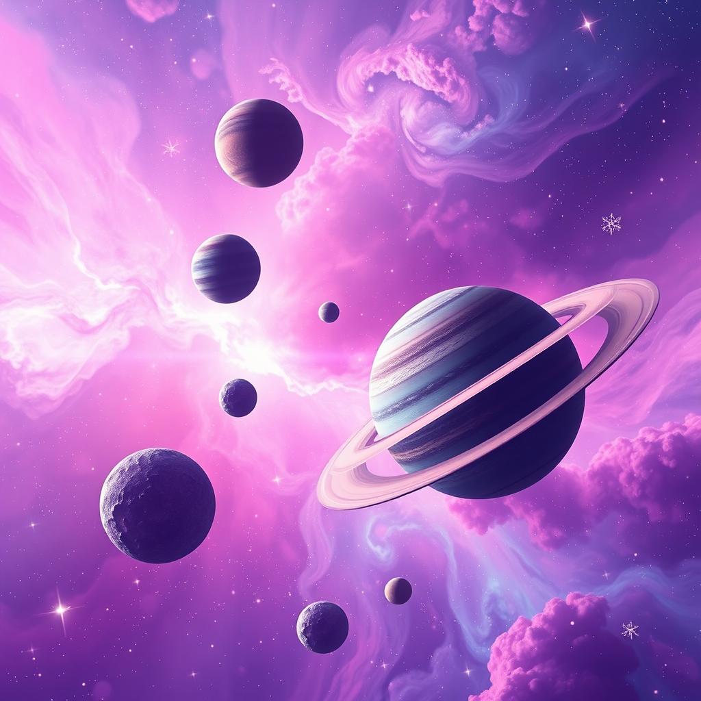 A stunning cosmic scene featuring a vibrant purple, pink, and blue color palette