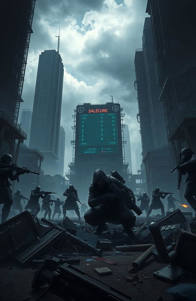 A dark dystopian scene depicting a game of death set in a desolate urban environment