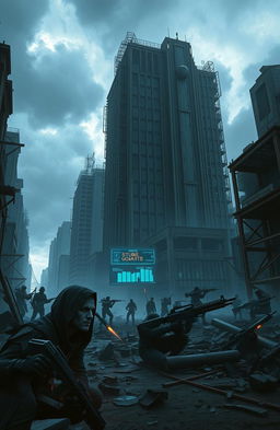 A dark dystopian scene depicting a game of death set in a desolate urban environment