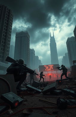 A dark dystopian scene depicting a game of death set in a desolate urban environment