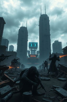 A dark dystopian scene depicting a game of death set in a desolate urban environment