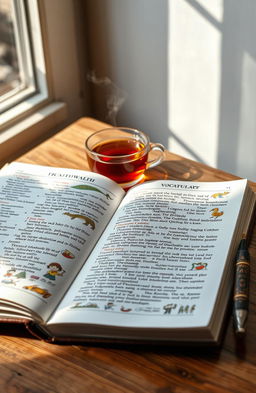 A detailed shot of an open English vocabulary book lying on a wooden table, showcasing vibrant pages filled with a diverse array of 15000 English vocabulary words, with each word beautifully illustrated next to its definition