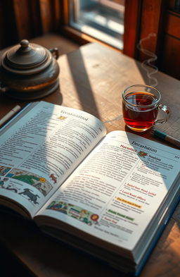 A detailed shot of an open English vocabulary book lying on a wooden table, showcasing vibrant pages filled with a diverse array of 15000 English vocabulary words, with each word beautifully illustrated next to its definition