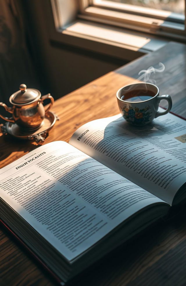 A detailed shot of an open English vocabulary book lying on a wooden table, showcasing vibrant pages filled with a diverse array of 15000 English vocabulary words, with each word beautifully illustrated next to its definition