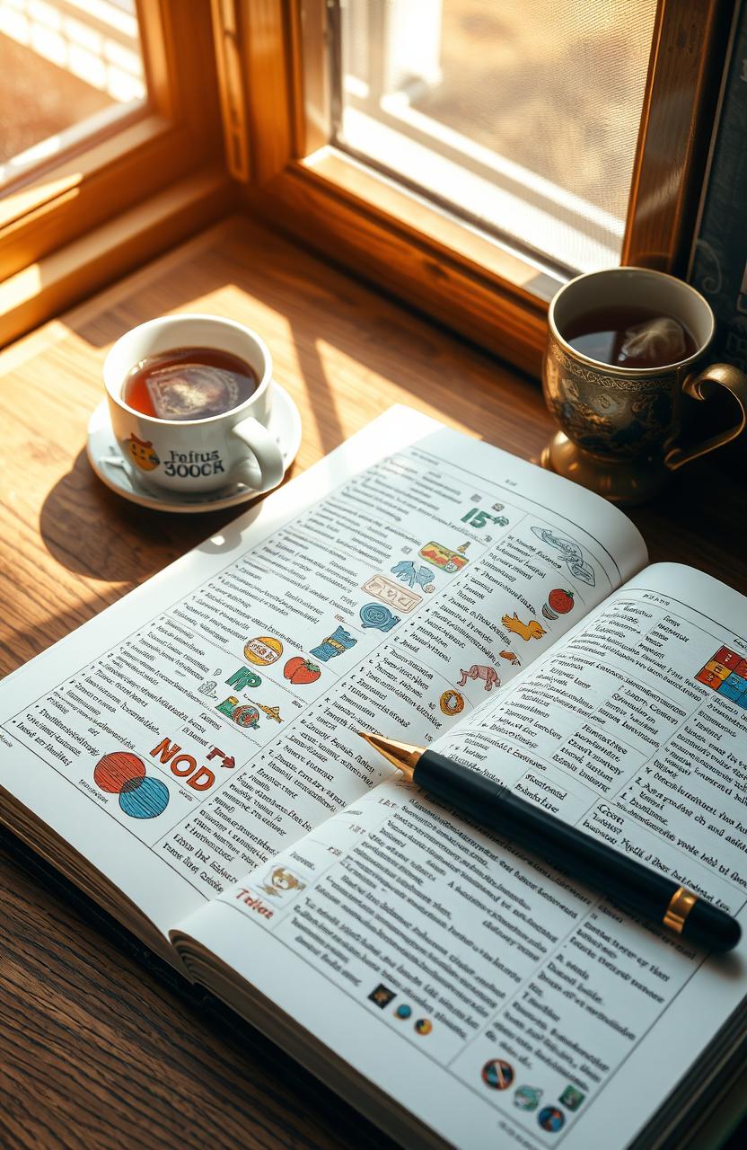 A detailed shot of an open English vocabulary book lying on a wooden table, showcasing vibrant pages filled with a diverse array of 15000 English vocabulary words, with each word beautifully illustrated next to its definition