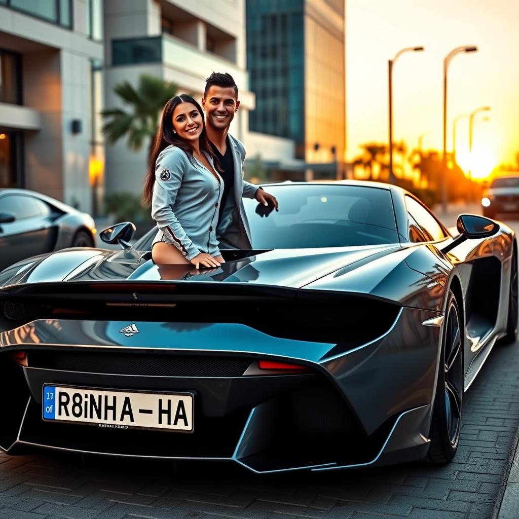 Cristiano Ronaldo and Georgina Rodriguez standing next to a sleek, luxury sports car, posing together in a friendly manner