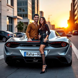 Cristiano Ronaldo and Georgina Rodriguez standing next to a sleek, luxury sports car, posing together in a friendly manner