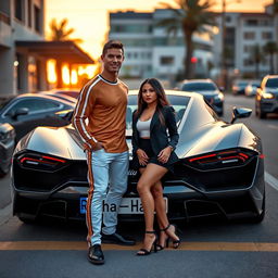 Cristiano Ronaldo and Georgina Rodriguez standing next to a sleek, luxury sports car, posing together in a friendly manner