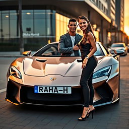 Cristiano Ronaldo and Georgina Rodriguez standing next to a sleek, luxury sports car, posing together in a friendly manner