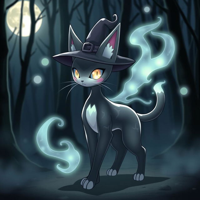 A standing Fekemon with a cat-like appearance, featuring mystical elements that suggest a witch theme
