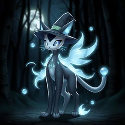 A standing Fekemon with a cat-like appearance, featuring mystical elements that suggest a witch theme