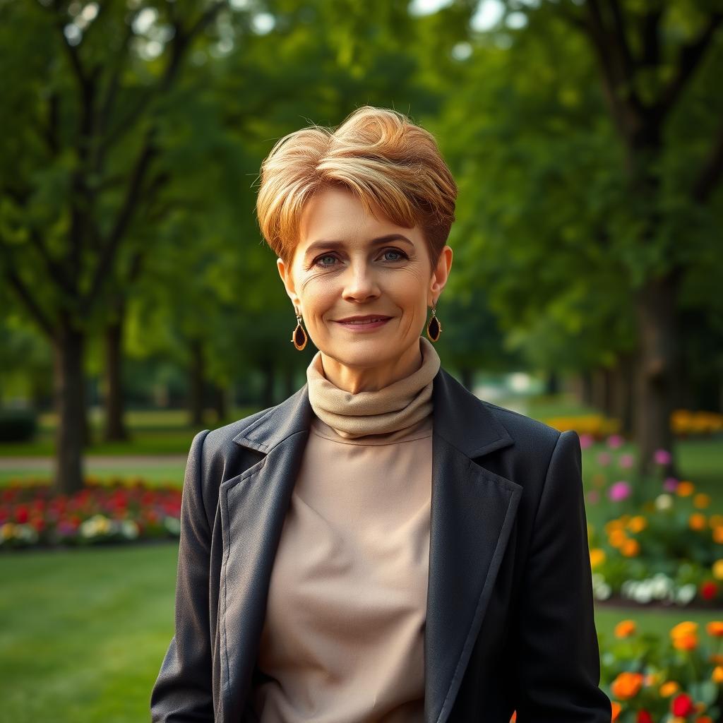A stylish and attractive Russian woman aged between 45 and 50 with a fashionable hairstyle