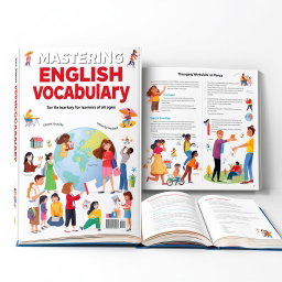 An engaging English vocabulary book aimed at learners of all ages, featuring a vibrant cover design with colorful illustrations of diverse people using various vocabulary words in everyday situations