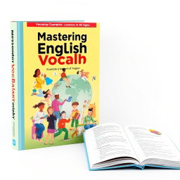 An engaging English vocabulary book aimed at learners of all ages, featuring a vibrant cover design with colorful illustrations of diverse people using various vocabulary words in everyday situations