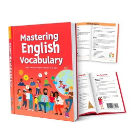 An engaging English vocabulary book aimed at learners of all ages, featuring a vibrant cover design with colorful illustrations of diverse people using various vocabulary words in everyday situations