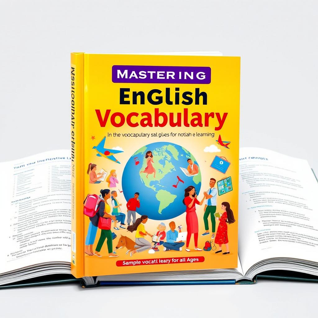 An engaging English vocabulary book aimed at learners of all ages, featuring a vibrant cover design with colorful illustrations of diverse people using various vocabulary words in everyday situations